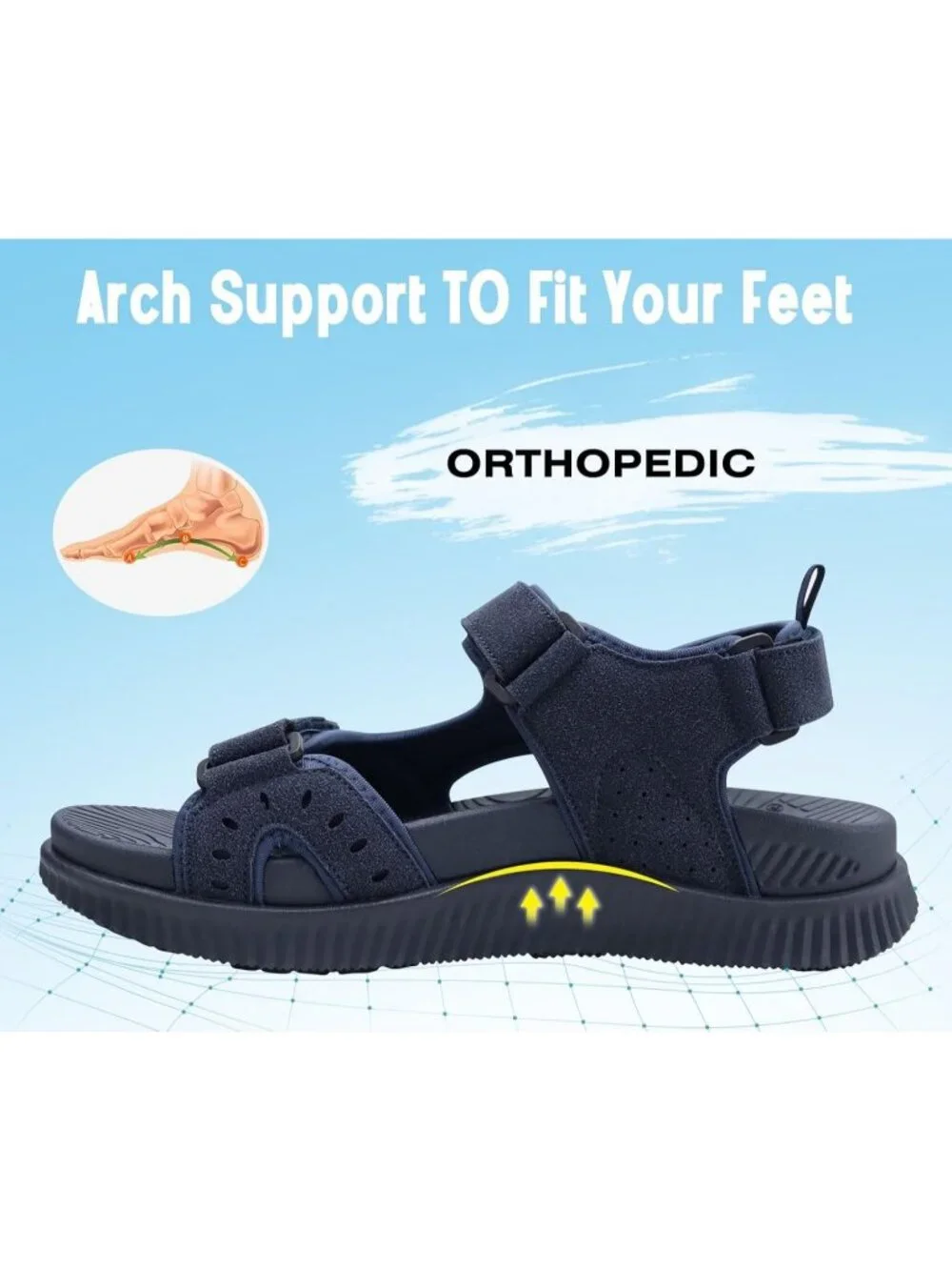 Men's Dark Blue Arch Support Thick Cushion Recovery Athletic Hiking Sandal Shoes
